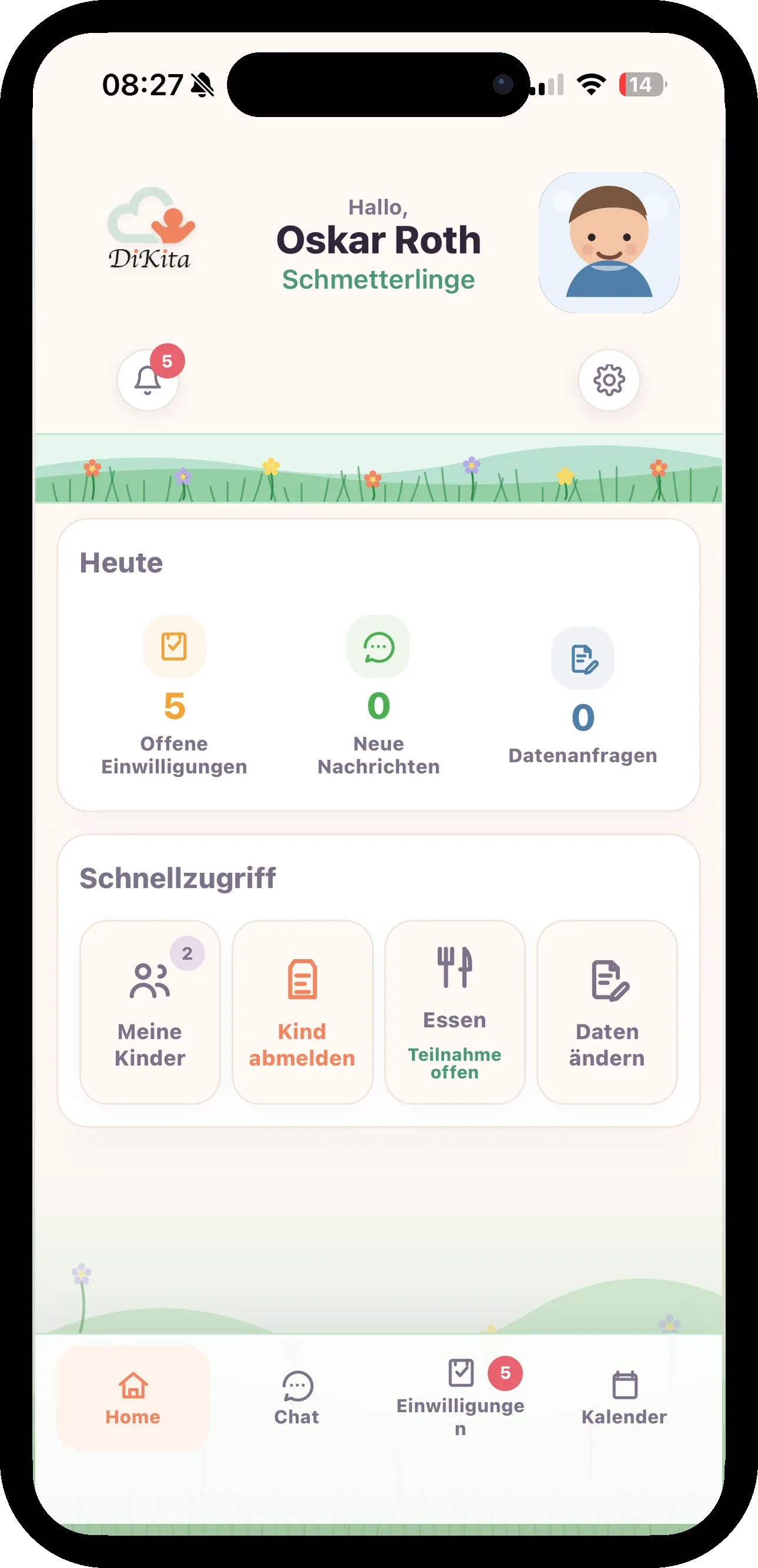 DiKita Eltern-App auf Smartphone – Startbildschirm mit Heute-Übersicht und Schnellzugriff